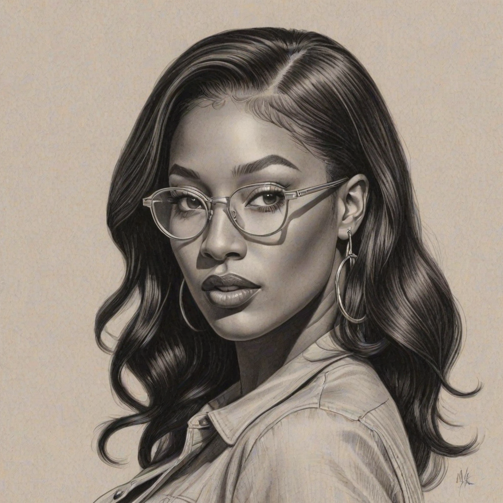 Fetching Megan Thee Stallion, pencil sketch, portrait of Gorgeous woman 1934s in glasses, hair style beatnik, outline, clear lines, fine lines, 8k