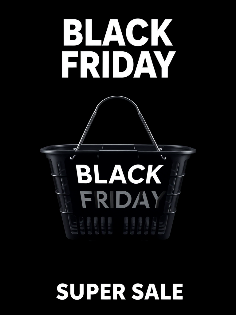 Create a high-resolution image of a shopping basket with a sleek black design on a dark background, featuring bold text that reads "BLACK FRIDAY SUPER SALE," captured with a DSLR camera at f/2.8 aperture, ISO 100, 50mm lens, and softbox lighting for enhanced clarity and detail.