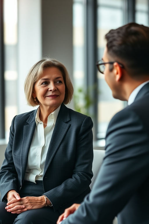 professional business meeting between an older woman in a suit and a man in an office setting with large windows, soft natural lighting, 50mm lens, f/1.8 aperture, ISO 400, shallow depth of field, high-resolution DSLR camera
