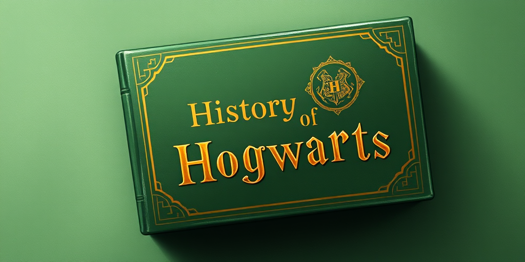 Create an illustration of a green book titled "History of Hogwarts" with a gold embossed title and an emblem on the cover, photographed with a DSLR camera at f/5.6 aperture, ISO 100, 50mm lens, natural light, top-down view, enhancing the texture and colors of the book against a soft green background.