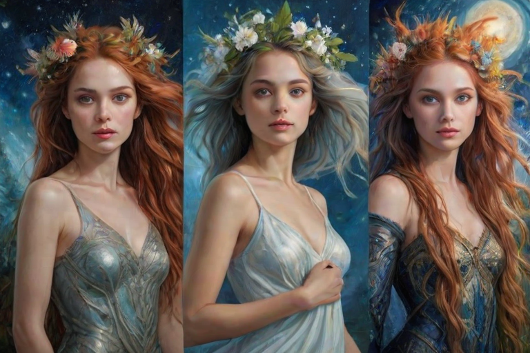 Create a series of imaginative portraits where each subject is infused with elements of fantasy and nature. The hair of the individuals should flow like clouds, varying from soft, fluffy cumulus to wispy cirrus strands, with hints of color reflecting a sunset or a clear blue sky. The eyes should be windows to entire galaxies, with stars, nebulae, and distant planets visible within them. Clothing should be adorned with nature motifs, such as floral patterns that bloom and change, vines that seem to grow and wrap around, or feathers that shimmer with iridescence. Each portrait should capture a unique personality, blending human features with the ethereal beauty of the natural and cosmic world. The backgrounds can vary, from starry night skies to enchanted forests, adding depth and context to the magical realism of the portraits