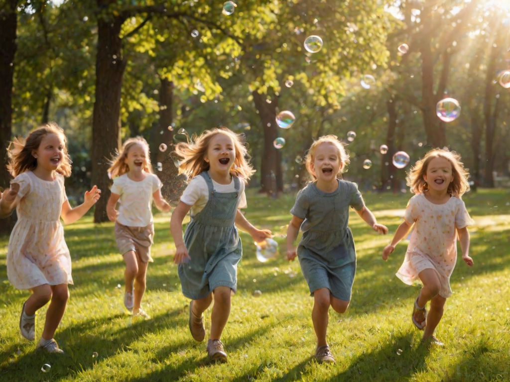 Warmly lit photo of a group of children chasing bubbles in a park, soft sunlight filtering through the trees, bubbles floating in the air, the smell of fresh grass and laughter creating a feeling of joy.