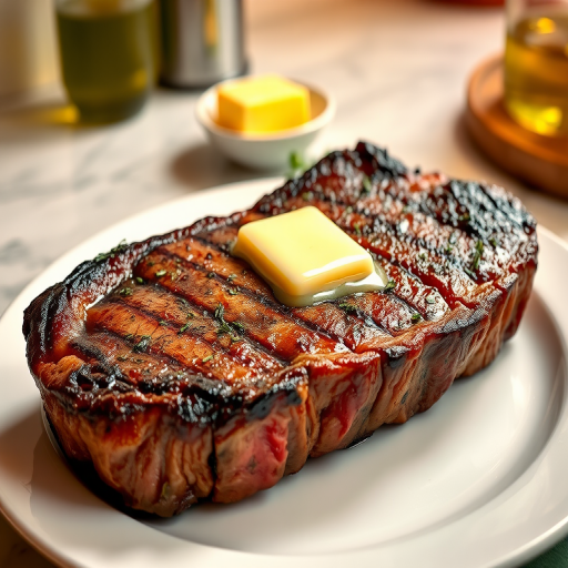 Create an image of a perfectly seared ribeye steak, resting on a white plate with a pat of melting butter on top. The steak is seasoned with fresh herbs like thyme and parsley, with glistening juices highlighting the texture of the meat. The background features a soft focus on a light, marble countertop, with a small dish of butter and an olive oil bottle in the distance. The overall mood should be warm and inviting, capturing the deliciousness and juiciness of the steak.