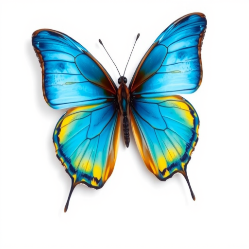 A highly detailed illustration of a blue and yellow butterfly, centered on a plain white background, captured with a DSLR camera at f/5.6 aperture, ISO 100, 1/200 shutter speed, using a macro lens for sharp focus and vibrant colors.