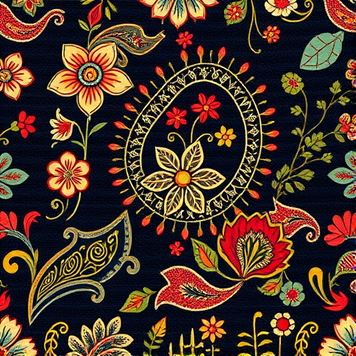 Create a high-resolution image of a paisley design featuring a combination of floral elements, using a Canon EOS R5 camera at f/2.8, ISO 100, with a 50mm lens, in natural lighting from a top-down perspective, ensuring vibrant colors and sharp details.