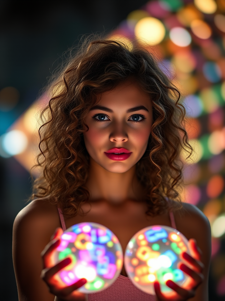 Create a portrait of a young woman with curly hair, holding glowing orbs filled with vibrant colors, soft focus background with bokeh effect, shoot with a Canon EOS R5 at f/1.8, ISO 100, 85mm lens, in low light with dramatic lighting.