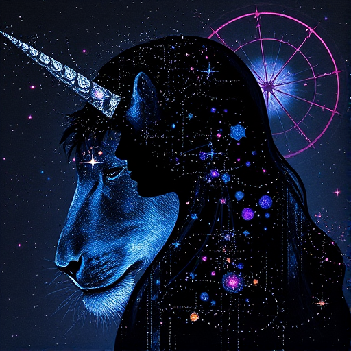 Captivating conceptual render alcohol ink art, double exposure, the paint strokes artfully merge combining a woman's full silhouette with a Unique unicorn's silhouette. The figures are composed of a series of colored dots, lines & spots that evoke the image of a cosmic galaxy, colors are deep shades of blue purple & black with flashes of white & silver representing distant stars. The woman's silhouette is formed within the lion's silhouette from constellations of scattered stars, surreal
