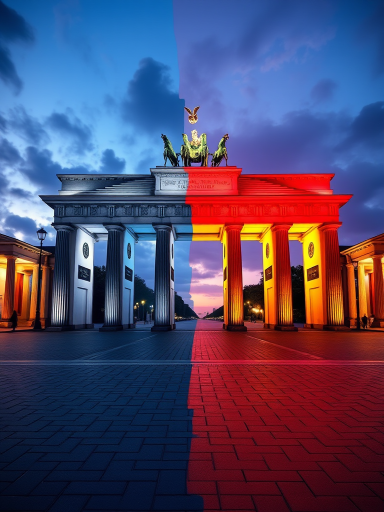 Generate an image of the Brandenburg Gate at night with a German flag zipper effect, use a Canon EOS R5 camera, 24mm lens, f/8 aperture, ISO 400, shot at dusk for enhanced vivid colors and clarity.