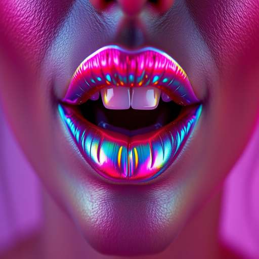 Holographic lips with iridescent rainbow hues, shifting colors as the light changes, creating a mesmerizing and futuristic appearance for a sci-fi inspired photoshoot