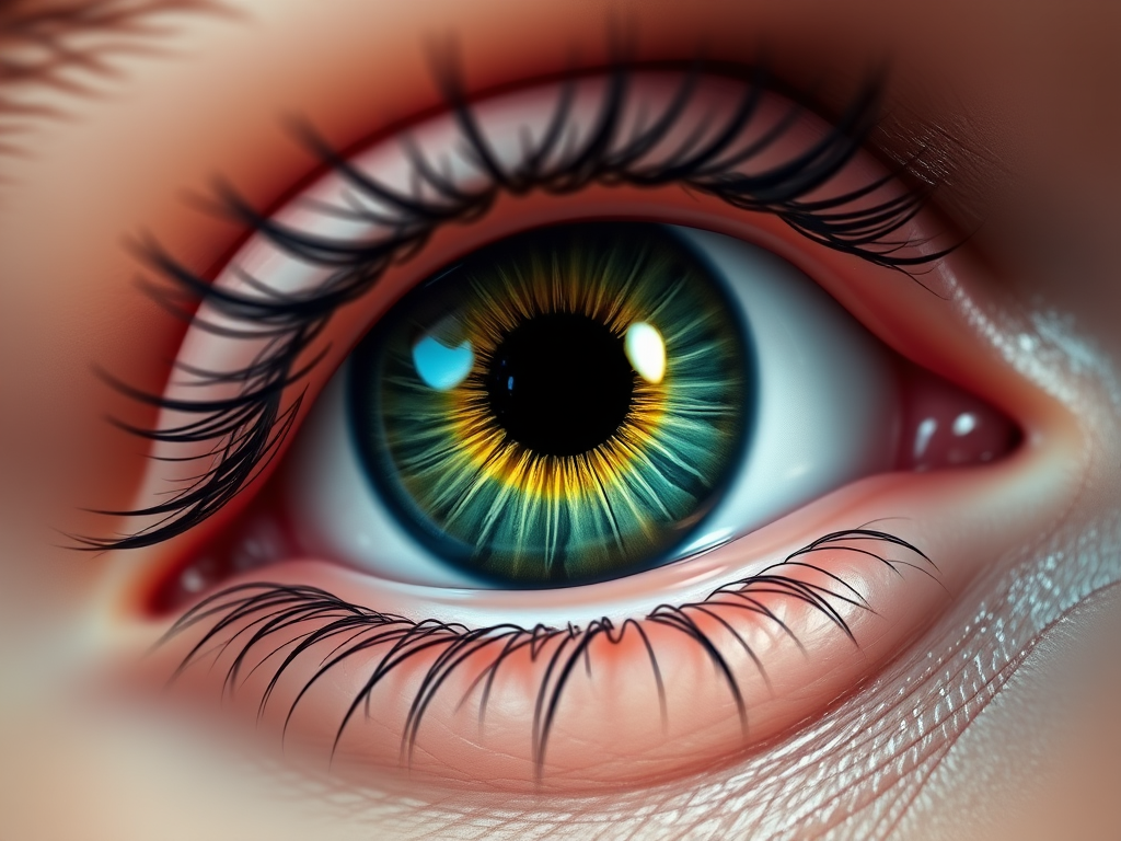 Create a detailed close-up illustration of a human eye with a vibrant green iris, sharp contrast, and realistic textures, using a DSLR camera with a 50mm lens at f/1.8, 1/200 sec shutter speed, and ISO 100, in a bright and well-lit environment.