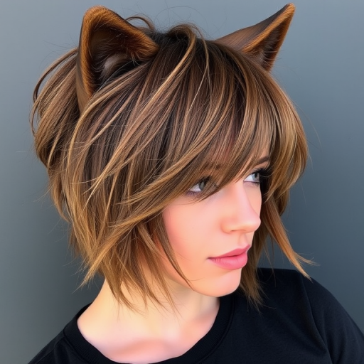 Trendy wolf cut in warm caramel brown, featuring textured layers and curtain bangs, creating a perfect balance of edgy and effortlessly chic
