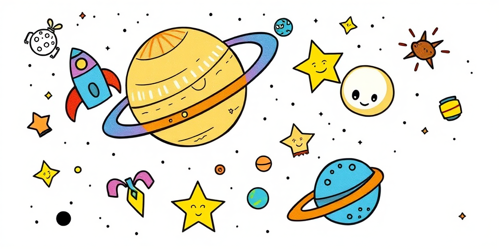 Create a vibrant illustration of whimsical space-themed doodles featuring a planet with rings, a colorful rocket, a satellite, a star, a cartoonish alien hat, and a dotted planet, using a DSLR camera with a 50mm lens, f/1.8 aperture, shallow depth of field, and bright, even lighting for enhanced image quality.