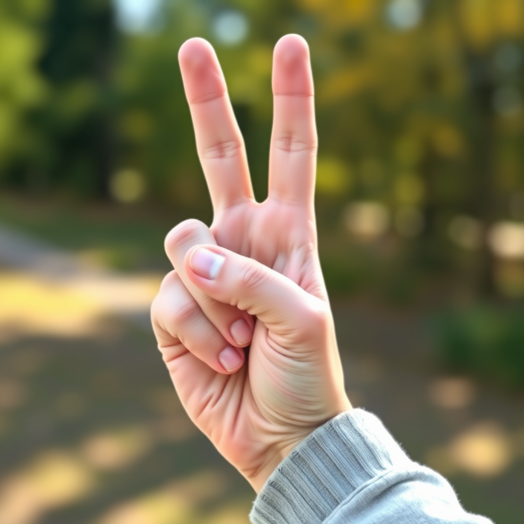 Create a high-resolution illustration of a hand making a peace sign, captured in sharp detail with a DSLR camera, 50mm lens, f/1.8 aperture, ISO 100, natural lighting, and a slightly angled view for depth.