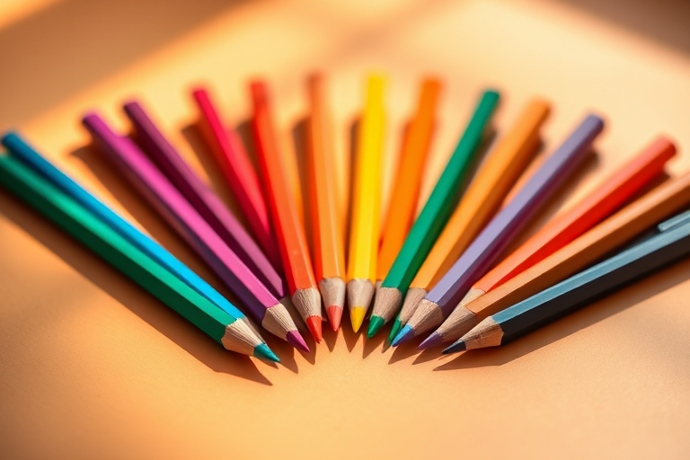 a group of twelve colorful pencils arranged in a fan shape on a smooth, warm-toned surface, soft lighting creating gentle shadows, focus on the tips of the pencils with a shallow depth of field, shot with a DSLR camera at f/2.8, ISO 200, 50mm lens, natural light for added vibrancy