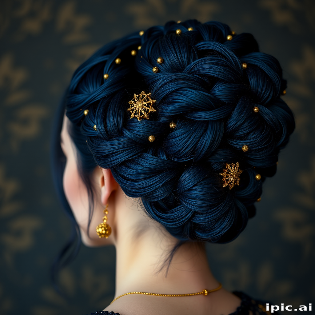 Regal indigo-hued updo with intricate braided patterns and golden thread accents, inspired by starry night skies called "Celestial Empress" exuding mystery and allure