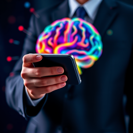 Generate an image of a person in a suit holding a smartphone with a colorful, abstract representation of a brain and digital particles in the background, using a DSLR camera with a 50mm lens, f/1.8 aperture, ISO 100, 1/200s shutter speed, shot from a slightly low angle to create depth, in vivid colors and enhanced clarity.