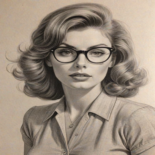 Radiant Tina Louise, pencil sketch, portrait of Comely woman 1940s in glasses, hair style beatnik, outline, clear lines, fine lines, 8k