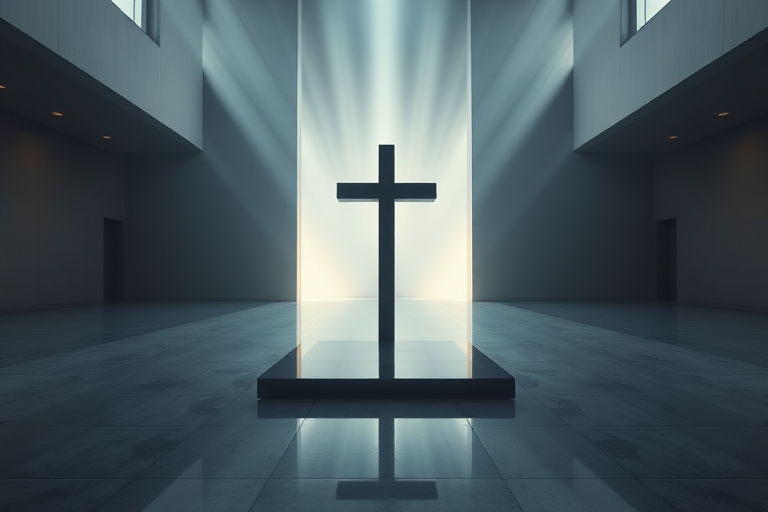 Create an image of a minimalist interior space with a central cross on a reflective floor, featuring dramatic light beams radiating from the background, shot with a Canon EOS R5, ISO 100, f/8, 1/125 sec, using a wide-angle lens at 24mm for a dynamic perspective.