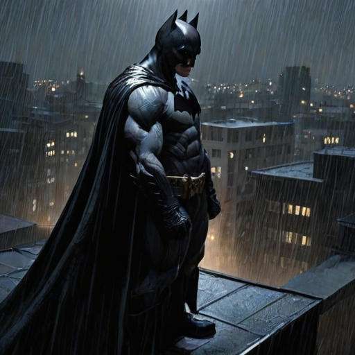 illustration, absurdres,  masterpiece, 1boy, jim lee ,batman, standing, night, city, male focus,serious, on roof,cape,black armor, serious, cowboy shot, heavy downpour, floating cape