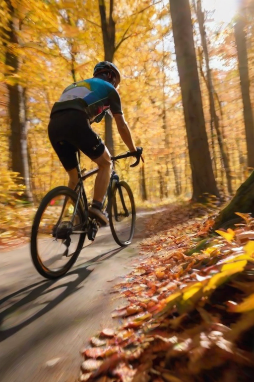 Blurry action shot of a cyclist racing through a vibrant autumn forest, leaves swirling in the air, with the sunlight filtering through the colorful canopy overhead.