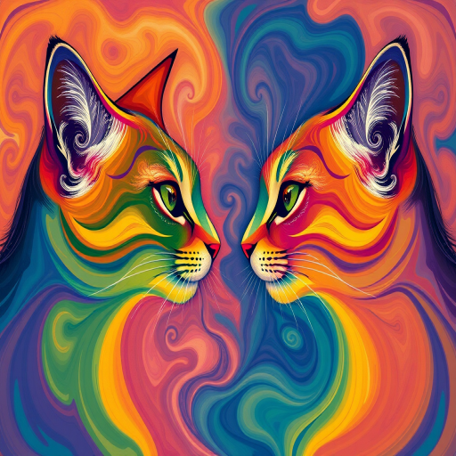 Create an abstract art piece of two stylized cats facing each other, vibrant colors with swirling patterns, camera settings: f/8, ISO 100, shutter speed 1/125s, camera view: close-up, camera style: vivid detail, camera type: DSLR.