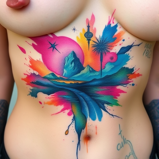 Surreal watercolor splash tattoo on the ribs, featuring vibrant hues melding into a dreamlike landscape, with abstract elements and hidden imagery emerging from the colorful chaos