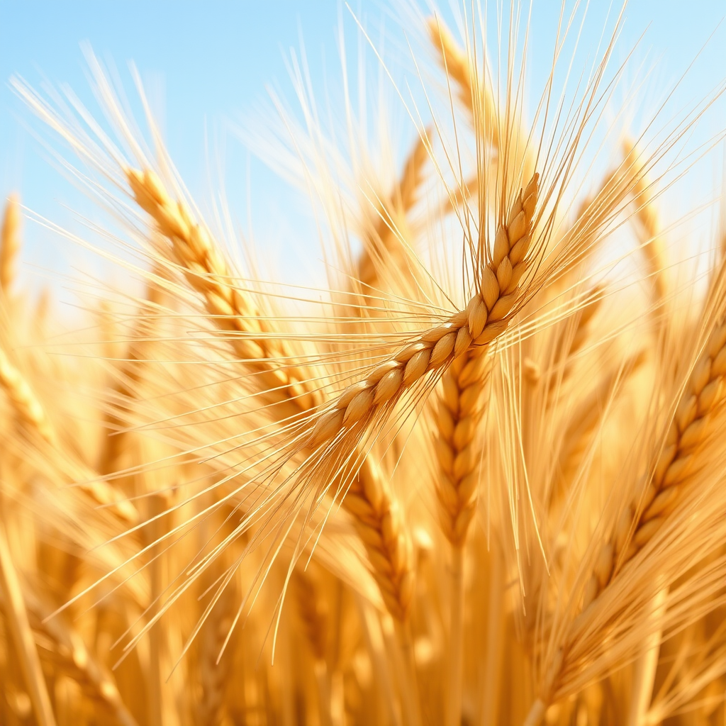 Create a detailed illustration of a bundle of wheat with a rich golden color, ensuring high resolution, use a DSLR camera with a 50mm lens, aperture set to f/2.8 for shallow depth of field, focus on the texture of the wheat, and capture it in natural sunlight to enhance vibrancy.
