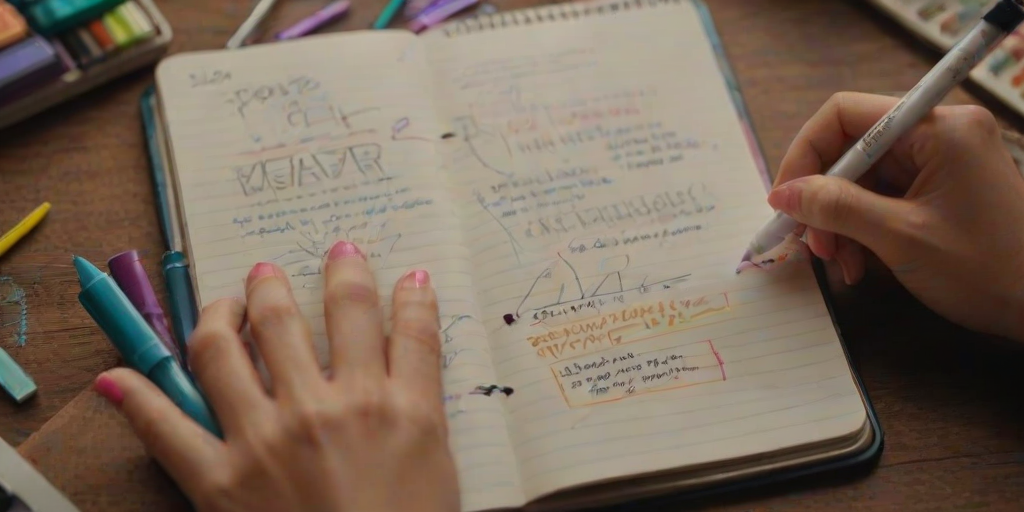 Close-up of a woman’s hands journaling in a beautiful notebook, surrounded by colorful pens and markers, with soft light illuminating her creative thoughts.