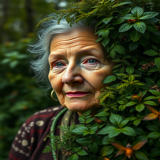 Create a hyper-realistic portrait of an elderly woman whose face transitions into a lush forest, showcasing intricate details of foliage and wildlife around her, shot with a Canon EOS R5 at 50mm f/1.8, ISO 100, with soft natural lighting to enhance textures and colors.