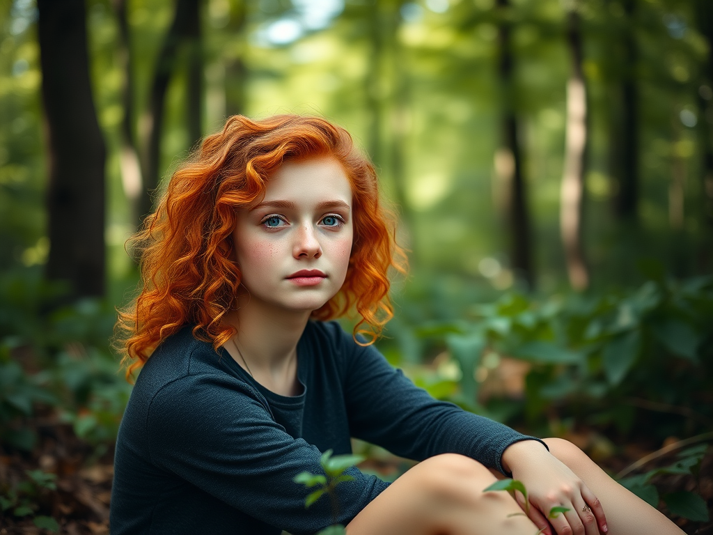 portrait of a young woman with curly red hair and freckles sitting peacefully in a lush green forest, soft natural lighting, depth of field focus on the subject, Canon EOS R5, 50mm lens, f/1.8, ISO 200, shutter speed 1/200 sec