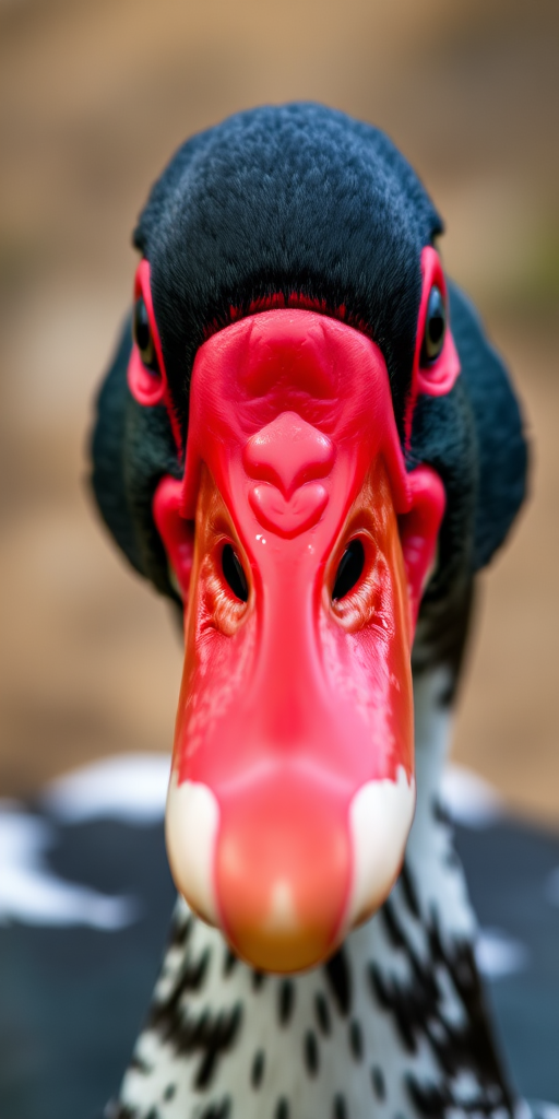 Close-up of a Muscovy duck with vibrant red facial features and contrasting black and white feathers, captured at f/2.8 aperture, ISO 200, 50mm lens, natural lighting, shallow depth of field, DSLR camera.