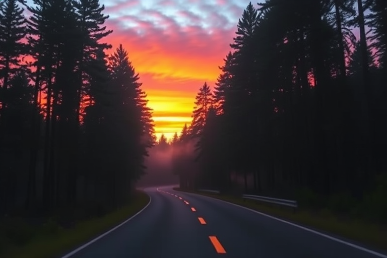 a tranquil forest road at sunset with vibrant orange and purple skies, mist surrounding tall pine trees, captured with a DSLR camera, 35mm lens, f/8 aperture, ISO 200, 1/60 sec shutter speed, in landscape orientation, soft focus on background