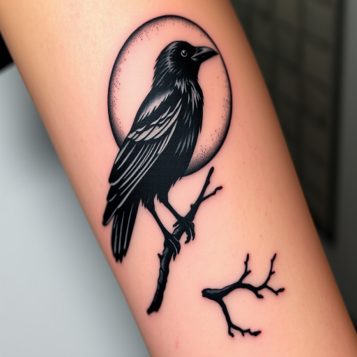 Illustrative blackwork tattoo named "Midnight Serenade" featuring a hauntingly beautiful scene of a raven perched on a moonlit branch, with stark black silhouettes and negative space creating a dramatic contrast against the skin
