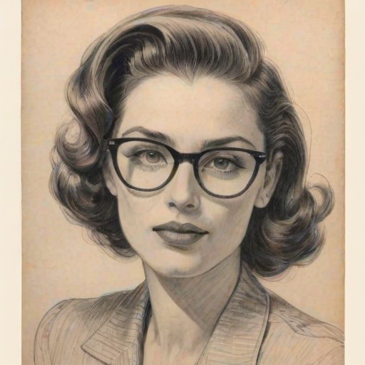 Comely Rachel Zegler, pencil sketch, portrait of Stunning woman 1948s in glasses, hair style beatnik, outline, clear lines, fine lines, 8k