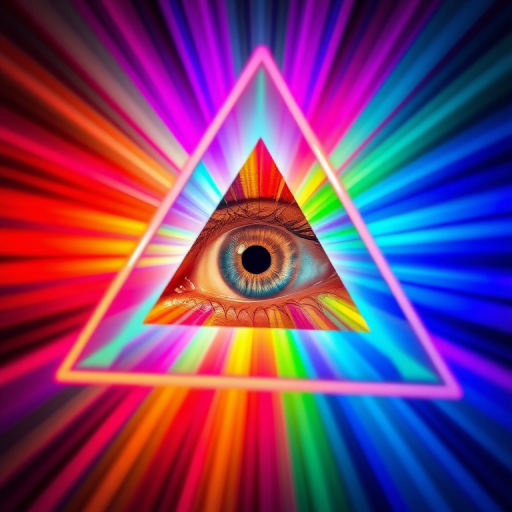 Create a vibrant optical illusion image featuring an eye within a multi-colored triangular pattern radiating light, captured with a DSLR camera at f/8, ISO 100, 1/60s, using a macro lens from a close-up view to enhance details and colors.