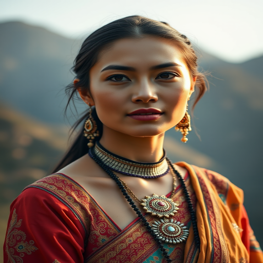 portrait of a woman in traditional attire with intricate jewelry against a mountainous backdrop, soft natural lighting, f/2.8 aperture, 50mm lens, shallow depth of field, DSLR camera, golden hour style