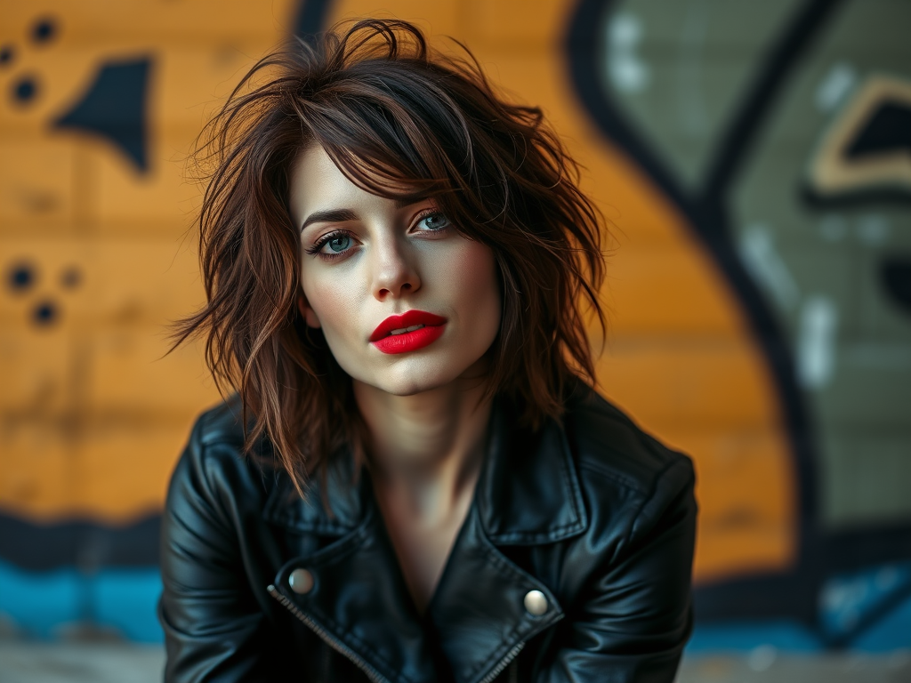 portrait of a woman with tousled hair and bold red lips wearing a black leather jacket sitting in front of a graffiti wall, DSLR camera, 50mm lens, f/1.8 aperture, ISO 100, natural light, shallow depth of field