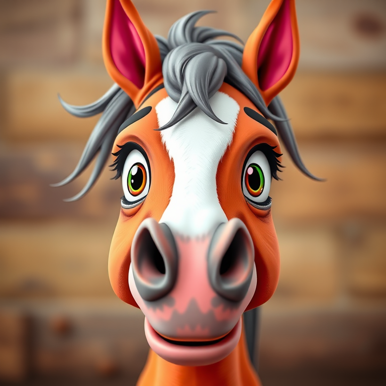create a cartoon-style image of a horse head with exaggerated features, bright colors including a gray mane and pink ears, using a digital camera with a 50mm lens, f/2.8 aperture, and a shallow depth of field for a smooth background blur, capturing the image from a frontal view to emphasize facial expressions and details