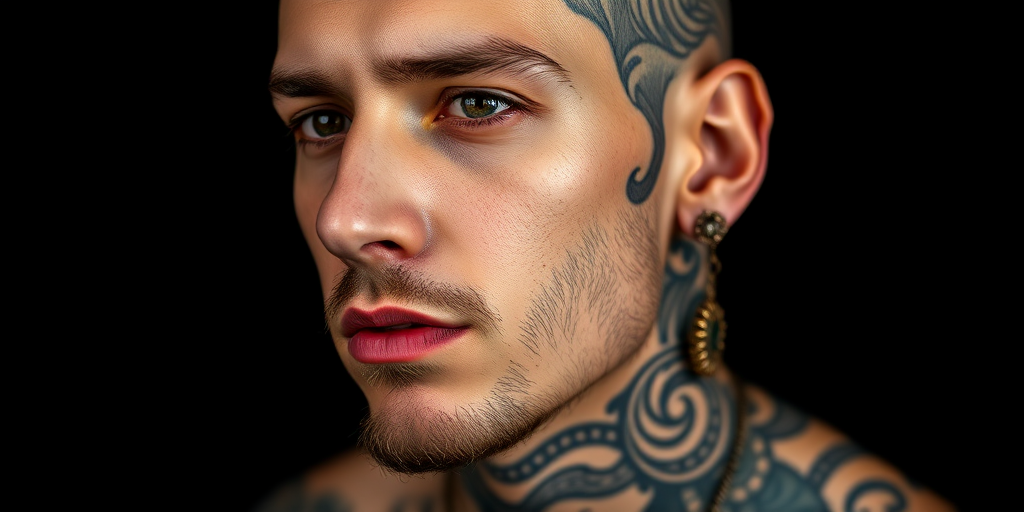 portrait of a tattooed man with intricate facial tattoos and earrings, shallow depth of field, soft lighting, 85mm lens, f/1.8, ISO 100, shot on a DSLR camera, studio setting, black background