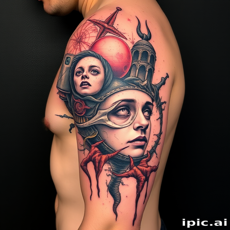 Surrealist tattoo named "Dreamscape Fusion" blending bizarre imagery and distorted proportions with a mix of color and black ink creating a thought-provoking and visually striking piece