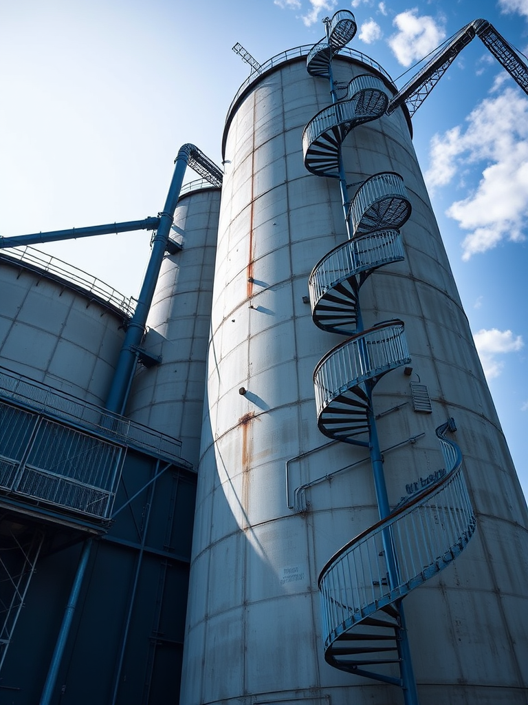Regenerate the image of a large industrial silo with a spiral staircase on the side, using a DSLR camera with a 50mm lens, aperture set to f/2.8, ISO 100, natural light, taken from a low angle to emphasize height and detail, in high resolution.