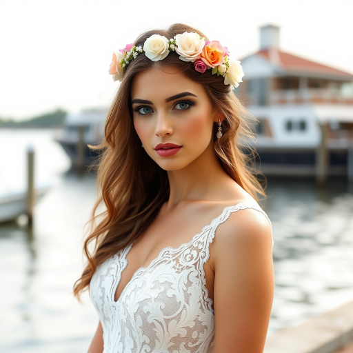 water front scene, bridal model, delicate lace gown, floral headpiece, soft romantic focus, high-key lighting and an 85mm lens for soft, even tones that highlight the model’s face and bright outfit against a white or light background