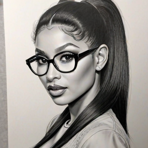 Splendid Nicki Minaj, pencil sketch, portrait of Fetching woman 1977s in glasses, hair style beatnik, outline, clear lines, fine lines, 8k