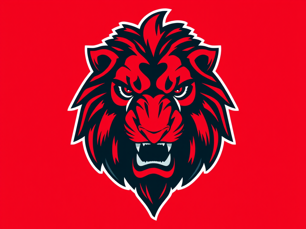 Generate a detailed, high-resolution illustration of a fierce lion's head logo with vibrant red and black colors, using a digital art style with a 50mm lens, f/1.8 aperture, ISO 100, and studio lighting for enhanced contrast and clarity.