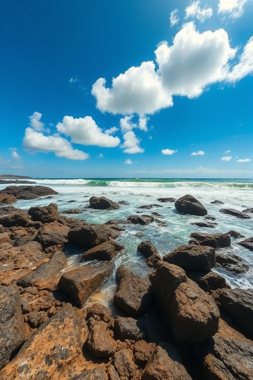 Capture a vibrant coastal scene with crashing waves on rocky shores, under a bright blue sky with fluffy clouds, using a DSLR camera at ISO 100, f/11 aperture, 1/200 sec shutter speed, shot from a low angle with a wide-angle lens to enhance depth and clarity.