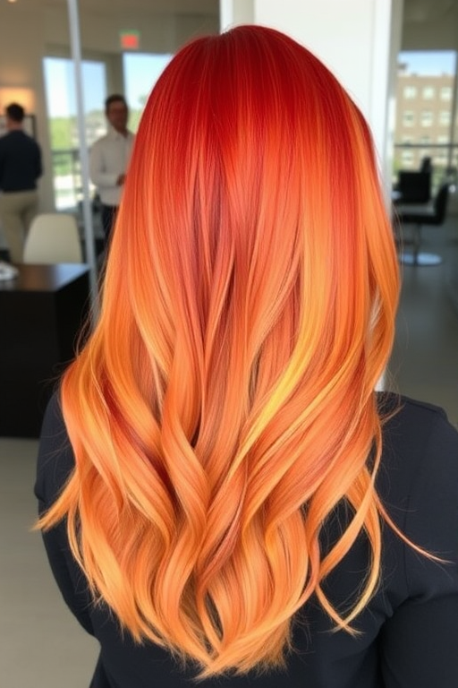 Fierce Flame Ombre demonstrating a gradual transition from fiery red roots to brilliant orange mid-lengths and sunny yellow tips, styled in sleek, straight layers