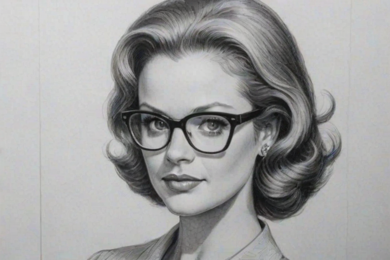Superb Kelsey Grammer, pencil sketch, portrait of Elegant woman 1951s in glasses, hair style beatnik, outline, clear lines, fine lines, 8k