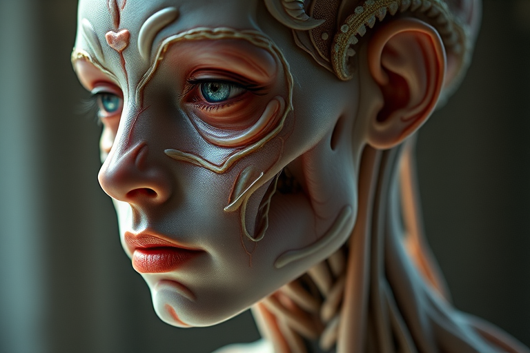 Create a hyper-realistic portrait of a humanoid figure with intricate anatomical features and organic textures, shot with a Canon EOS 5D Mark IV, using a 50mm f/1.4 lens, at ISO 100, aperture f/2.8, in soft natural light, with a shallow depth of field focusing on the detailed facial structure and ethereal elements.