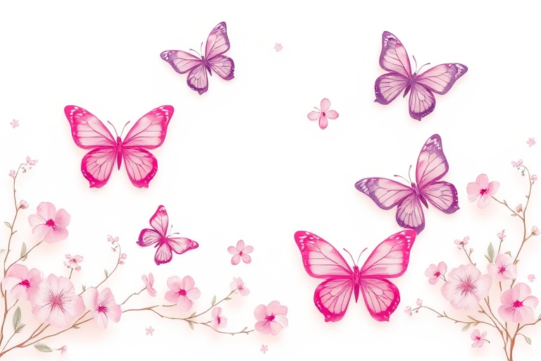Create a beautiful and delicate border design featuring various butterflies in soft shades of pink and purple. The background should be mostly white to enhance the elegance of the butterflies, with a whimsical and light feel. Incorporate subtle floral elements to complement the butterflies, ensuring a harmonious and inviting overall appearance.