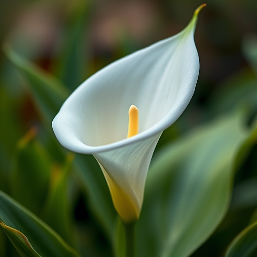 Close-up of a white calla lily emerging from green foliage, shallow depth of field, f/2.8 aperture, 100mm macro lens, natural lighting, shot with a DSLR camera to enhance detail and softness in the background.